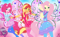 Size: 3348x2092 | Tagged: safe, artist:sparkling-sunset-s08, fluttershy, pinkie pie, sunset shimmer, fairy, human, equestria girls, g4, barely eqg related, base used, boots, clothes, cosmix, crossover, equestria girls logo, fairies, fairies are magic, fairy wings, fairyized, green wings, hasbro, hasbro studios, high heel boots, high heels, high res, humanized, pink wings, ponied up, rainbow s.r.l, red wings, shoes, winged humanization, wings, winx, winx club, winxified