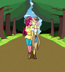Size: 1800x2000 | Tagged: safe, artist:jake heritagu, gloriosa daisy, vignette valencia, equestria girls, equestria girls series, g4, my little pony equestria girls: legend of everfree, rollercoaster of friendship, clothes, crack shipping, eyes closed, female, gloriette, holding hands, lesbian, shipping, smiling, tree, walking
