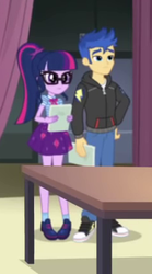 Size: 237x425 | Tagged: safe, screencap, flash sentry, sci-twi, twilight sparkle, equestria girls, equestria girls series, g4, rarity investigates: the case of the bedazzled boot, clothes, converse, cropped, duo, female, geode of telekinesis, glasses, hoodie, legs, magical geodes, male, pants, ponytail, shoes, skirt, sneakers, socks, table