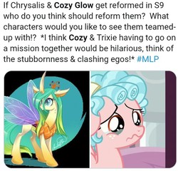 Size: 596x571 | Tagged: safe, artist:jadedjynx, screencap, cozy glow, queen chrysalis, changedling, changeling, changeling queen, pegasus, pony, g4, season 9, female, filly, harsher in hindsight, meta, purified chrysalis, text, twitter