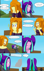 Size: 2000x3200 | Tagged: safe, artist:jake heritagu, adagio dazzle, aria blaze, comic:aria's archives, equestria girls, g4, bench, cigarette, clothes, comic, dialogue, dress, female, high res, hoodie, park bench, smoking, speech bubble