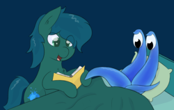 Size: 3080x1948 | Tagged: safe, artist:eyeburn, oc, oc only, oc:poison trail, bed, bedtime story, book, googly eyes, male, monster, reading, stallion, tentacles