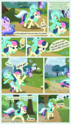 Size: 5100x8900 | Tagged: safe, artist:mundschenk85, bon bon, lyra heartstrings, sea swirl, seafoam, starlight glimmer, sweetie drops, trixie, earth pony, pony, unicorn, comic:all in good fun, g4, ^^, absurd resolution, background pony, bipedal, blushing, candle, comic, eyes closed, female, glowing horn, horn, idea, lyra riding bon bon, mare, ponies riding ponies, riding, running, show accurate