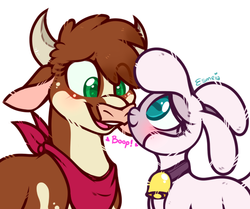 Size: 579x484 | Tagged: safe, artist:esmeia, arizona (tfh), pom (tfh), cow, lamb, sheep, them's fightin' herds, blushing, boop, community related, cute, duo, female, heart, horizontal pupils, lesbian, noseboop, pomzona, shipping, simple background, white background