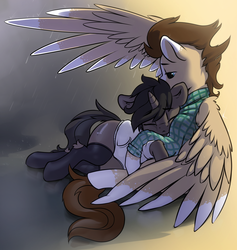Size: 2913x3068 | Tagged: safe, artist:dimfann, oc, oc only, oc:ivy, oc:skittle, pegasus, pony, unicorn, clothes, crying, cuddling, eyes closed, female, high res, hockless socks, male, mare, rain, sad, skivy, socks, spread wings, stallion, straight, teary eyes, thigh highs, wing umbrella, wings