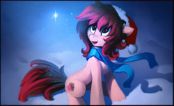 Size: 1819x1116 | Tagged: safe, artist:ramiras, oc, oc only, oc:share dast, pony, christmas, clothes, female, hat, holiday, mare, open mouth, santa hat, scarf, snow, solo, winter