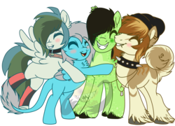 Size: 949x683 | Tagged: safe, artist:lemonkaiju, oc, oc only, oc:lupus, oc:pillows, oc:scott, oc:victory screech, earth pony, pegasus, pony, beanie, group hug, hat, hug, male, simple background, stallion, transparent background