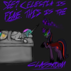 Size: 250x250 | Tagged: safe, artist:sinsays, part of a set, princess celestia, twilight sparkle, alicorn, pony, unicorn, ask corrupted twilight sparkle, tumblr:ask corrupted twilight sparkle, g4, betrayal, bondage, bondage cuffs, bondage furniture, bondage gear, bondage manacles, bound wings, cape, clothes, collar, color change, corrupted, corrupted element of harmony, corrupted element of magic, corrupted twilight sparkle, crown, cuffs, curved horn, dark, dark equestria, dark magic, dark queen, dark world, darkened coat, darkened hair, duo, duo female, female, glowing horn, hoof shoes, horn, horn crystals, insanity, jewelry, magic, magic suppression, manacles, necklace, part of a series, picture for breezies, queen twilight, regalia, shoes, sombra empire, sombra eyes, sombra horn, table, tiara, tumblr, tyrant sparkle, unicorn twilight