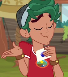 Size: 633x719 | Tagged: safe, screencap, timber spruce, equestria girls, g4, legend of everfree, camp everfree logo, camp everfree outfits, cropped, eyes closed, male, smiling, solo