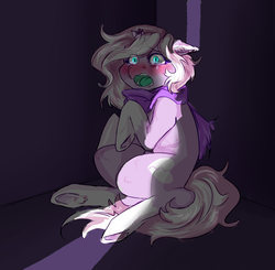 Size: 3000x2942 | Tagged: safe, artist:fukudka, oc, oc only, oc:nyuchi, pony, blushing, broken horn, clothes, crying, female, floppy ears, high res, horn, mare, open mouth, scarf, ych result