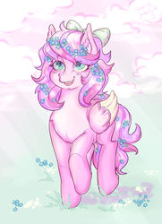 Size: 1734x2394 | Tagged: safe, artist:fukudka, oc, oc only, oc:iridescent flings, pegasus, pony, bow, cloud, cute, female, hair bow, mare, open mouth, ych result