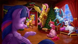 Size: 2560x1440 | Tagged: safe, artist:samum41, applejack, fluttershy, pinkie pie, rainbow dash, rarity, spike, twilight sparkle, alicorn, dragon, earth pony, pegasus, pony, unicorn, g4, bow, christmas, christmas tree, couch, decoration, female, flying, garland, glowing, glowing horn, holiday, horn, levitation, magic, mane seven, mane six, mare, mouth hold, open mouth, pointing, present, prone, room, scenery, sitting, smiling, telekinesis, tree, twilight sparkle (alicorn), walking, window