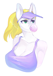 Size: 1000x1417 | Tagged: safe, artist:yamayuka, oc, oc only, oc:snow veil, earth pony, anthro, anthro oc, breasts, bubblegum, female, food, gum, hat, simple background, solo, white background, ych result