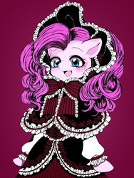 Size: 768x1024 | Tagged: dead source, safe, artist:mi_mi_mi_0820, pinkie pie, earth pony, semi-anthro, g4, arm hooves, blushing, clothes, cute, dress, female, gothic lolita, lolita fashion, mare, open mouth, simple background, solo