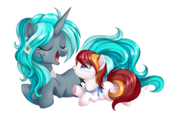 Size: 3000x2000 | Tagged: safe, artist:azure-art-wave, oc, oc only, oc:ruby hop, oc:teary choir, pony, unicorn, female, filly, high res, mare, prone, simple background, transparent background