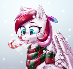 Size: 2108x2000 | Tagged: safe, artist:sparkling_light, oc, oc only, oc:rouge swirl, pegasus, pony, candy, candy cane, christmas, clothes, drool, ear piercing, eyes on the prize, feather, female, food, high res, holiday, mare, piercing, scarf, solo, tongue out, ych result