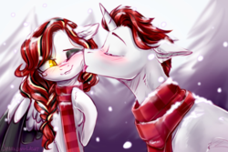 Size: 3000x2000 | Tagged: safe, artist:sparkling_light, oc, oc only, pegasus, pony, unicorn, blushing, chest fluff, clothes, eyes closed, face licking, female, floppy ears, high res, licking, male, mare, one eye closed, scarf, snow, snowfall, stallion, straight, tongue out, ych result