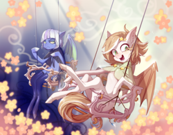 Size: 4512x3512 | Tagged: safe, artist:igrinagelcio, artist:rigellapererali, oc, oc only, oc:dream scape, oc:fiery star, bat pony, pony, bat pony oc, clothes, duo, female, looking at you, mare, open mouth, sitting, socks, stars, swing, swinging, thigh highs, ych result