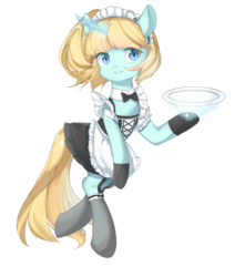 Size: 1500x1700 | Tagged: safe, artist:alleycat, oc, oc only, oc:diamonody, pony, unicorn, bipedal, bowtie, clothes, female, magic, maid, socks, solo, telekinesis