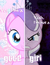 Size: 600x773 | Tagged: artist needed, safe, diamond tiara, earth pony, pony, two sided posters, g4, angry, comparison, edgy, female, filly, good girl, happy, jewelry, looking at you, smiling, text, tiara