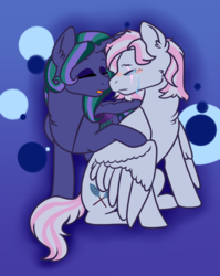Size: 752x946 | Tagged: safe, artist:snail-duck, oc, oc only, oc:firefly, oc:turquoise edge, alicorn, changepony, hybrid, pegasus, pony, kindverse, alicorn oc, crying, eyes closed, female, interspecies offspring, lesbian, magical lesbian spawn, offspring, offspring shipping, parent:limestone pie, parent:princess luna, parent:queen chrysalis, parent:zephyr breeze, parents:chrysaluna, parents:zephyrstone