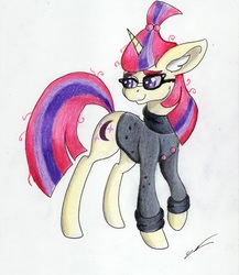 Size: 2383x2741 | Tagged: safe, artist:luxiwind, moondancer, pony, unicorn, g4, clothes, ear fluff, female, glasses, high res, looking back, mare, solo, sweater, traditional art