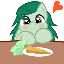 Size: 671x671 | Tagged: safe, artist:pizzamovies, derpibooru exclusive, wallflower blush, earth pony, pony, g4, blushing, carrot, cute, equestria girls ponified, female, food, heart, mare, plate, ponified, simple background, smiling, solo, table, wallflower and plants, white background