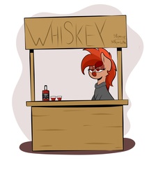 Size: 2825x3105 | Tagged: safe, artist:waffletheheadmare, oc, oc only, oc:whiskey river, alcohol, booth, bottle, clothes, glasses, half-closed eyes, high res, multicolored hair, simple background, smiling, sweater, whiskey