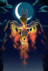 Size: 3008x4424 | Tagged: safe, artist:aphphphphp, oc, oc only, pegasus, pony, crescent moon, female, fire, flying, mare, moon