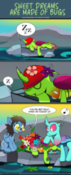 Size: 1007x2480 | Tagged: safe, artist:dsana, artist:pony-berserker, oc, oc only, oc:berzie, oc:dopple, oc:stainless key, changedling, changeling, changedling oc, changeling oc, comic, dateling, disguise, disguised changeling, flower, hive, humming, inconvenient, onomatopoeia, sleeping, snoring, sound effects, speech bubble, sweet dreams, this will end in death, this will end in pain, this will end in tears, this will end in tears and/or death, z, zzz