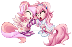 Size: 1600x1047 | Tagged: safe, artist:centchi, oc, oc only, oc:cuddle bug, oc:pompom merengue, earth pony, pegasus, pony, clothes, deviantart watermark, female, mare, obtrusive watermark, simple background, socks, striped socks, transparent background, watermark