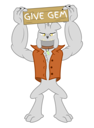 Size: 2000x2700 | Tagged: safe, artist:pizzamovies, oc, oc only, oc:grudder, diamond dog, 2019 community collab, derpibooru community collaboration, chest fluff, claws, clothes, collar, gem, high res, raised arm, sign, simple background, solo, transparent background, vest, wood