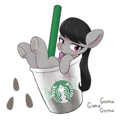 Size: 2039x2039 | Tagged: safe, artist:ayahana, octavia melody, earth pony, pony, g4, anatomically incorrect, blushing, cup, cup of pony, embarrassed, female, frown, high res, incorrect leg anatomy, lidded eyes, looking at you, mare, micro, simple background, solo, starbucks, straw, stuck, underhoof, white background
