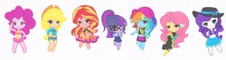 Size: 3616x964 | Tagged: safe, artist:ocean-drop, applejack, fluttershy, pinkie pie, rainbow dash, rarity, sci-twi, sunset shimmer, twilight sparkle, equestria girls, equestria girls specials, g4, my little pony equestria girls: better together, my little pony equestria girls: forgotten friendship, belly button, bikini, chibi, clothes, humane five, humane seven, humane six, midriff, swimsuit, wetsuit