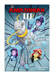 Size: 571x797 | Tagged: safe, artist:atariboy2600, artist:bluecarnationstudios, rarity, sci-twi, sunset shimmer, twilight sparkle, mouse, rat, comic:the amazonian effect, comic:the amazonian effect iii, equestria girls, g4, clothes, cover art, glasses, measuring tape, muscles, ripped rarity, text