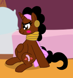 Size: 896x949 | Tagged: safe, artist:pandalove93, pony, african, alfred j. kwak, bed, bedroom, bow, brown eyes, curly hair, curly mane, curly tail, ear piercing, earring, hair bow, hairband, jewelry, neck rings, piercing, pink bow, ponified, pregnant, sitting, tail, tail bow, winnie wana