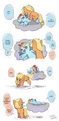 Size: 1031x2100 | Tagged: safe, artist:dusty-munji, applejack, rainbow dash, earth pony, pegasus, pony, g4, cloud, comic, duo, female, lesbian, lying on a cloud, mare, open mouth, ship:appledash, shipping, simple background, white background