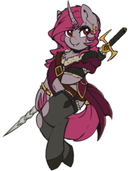 Size: 3272x4192 | Tagged: safe, artist:beardie, oc, oc only, oc:nyxvella, semi-anthro, arm hooves, bipedal, cape, clothes, curved horn, ear piercing, eye scar, garter belt, garters, horn, horn jewelry, horn ring, jewelry, lingerie, piercing, ring, scar, socks, solo, stockings, sword, thigh highs, weapon
