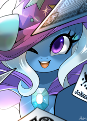 Size: 1441x2000 | Tagged: safe, artist:renokim, trixie, pony, unicorn, g4, cape, clothes, cute, diatrixes, female, hat, mare, one eye closed, open mouth, playing card, signature, solo, trixie's cape, trixie's hat, wink