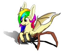 Size: 1058x755 | Tagged: safe, artist:lizardwithhat, oc, oc only, oc:rainbowtashie, chimera pony, monster pony, original species, snake pony, spiderpony, bat wings, cute, fluffy, graphics tablet, moth antenna, mouth hold, rainbow hair, shiny hair, simple background, smiling, solo, spider legs, stylus, transparent background, unshorn fetlocks, what has science done, wings