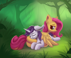 Size: 3000x2464 | Tagged: safe, artist:anti1mozg, fluttershy, oc, oc:lapush buns, bunnycorn, pegasus, pony, unicorn, g4, bunny ears, butt, butt pillow, canon x oc, commission, eyes closed, female, flutterbutt, forest, grass, high res, horn, male, mare, nature, outdoors, plot, prone, resting, shining, sleeping, smiling, stallion, straight, tree, unicorn oc, wings