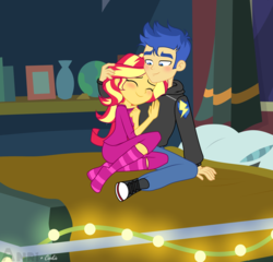 Size: 3000x2874 | Tagged: safe, artist:mint-light, flash sentry, sunset shimmer, equestria girls, g4, my little pony equestria girls: better together, bed, clothes, converse, duo, female, high res, male, ship:flashimmer, shipping, shoes, socks, straight, string lights, striped socks, sunset's apartment