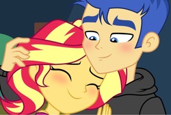 Size: 864x581 | Tagged: safe, artist:mint-light, flash sentry, sunset shimmer, equestria girls, g4, my little pony equestria girls: better together, blushing, clothes, female, hug, male, ship:flashimmer, shipping, smiling, straight