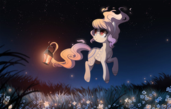 Size: 1300x828 | Tagged: dead source, safe, artist:ruhje, oc, oc only, oc:whisper, earth pony, ghost pony, monster pony, pony, female, flower, flower field, lantern, looking away, looking up, mare, night, outdoors, smiling, solo, tail hold, turned head