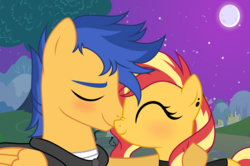 Size: 3216x2141 | Tagged: safe, artist:mint-light, flash sentry, sunset shimmer, pegasus, pony, unicorn, g4, building, clothes, ear piercing, eyes closed, female, full moon, high res, hug, male, mare, moon, night, piercing, ship:flashimmer, shipping, smiling, stallion, stars, straight