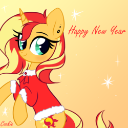 Size: 3500x3500 | Tagged: safe, artist:mint-light, sunset shimmer, pony, unicorn, g4, blushing, christmas, clothes, costume, cute, female, happy new year, high res, holiday, mare, santa costume, smiling, solo