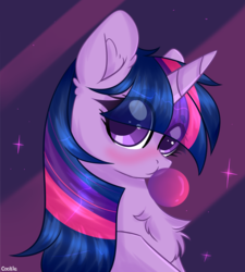 Size: 2928x3254 | Tagged: safe, artist:mint-light, twilight sparkle, pony, unicorn, g4, abstract background, blushing, bubblegum, chest fluff, cute, female, food, gum, high res, looking at you, mare, solo, unicorn twilight