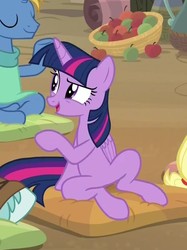 Size: 597x799 | Tagged: safe, screencap, twilight sparkle, alicorn, pony, a rockhoof and a hard place, g4, female, open mouth, pillow, raised eyebrow, sitting, solo focus, twilight sparkle (alicorn)