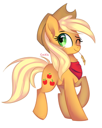 Size: 2208x2766 | Tagged: safe, artist:mint-light, applejack, earth pony, pony, g4, applejack's hat, bandana, clothes, cowboy hat, ear fluff, female, hat, high res, mare, one eye closed, raised hoof, simple background, smiling, solo, straw in mouth, white background, wink, ych result