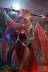 Size: 1000x1500 | Tagged: safe, artist:alicesmitt31, oc, oc only, oc:spectrum dash, alicorn, pegasus, anthro, alicorn oc, anthro oc, armpits, breasts, clothes, female, full moon, moon, rainbow hair, smiling, solo, sword, weapon